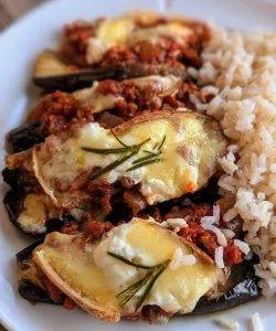 Aubergines au four au bœuf haché et fromage gratiné.